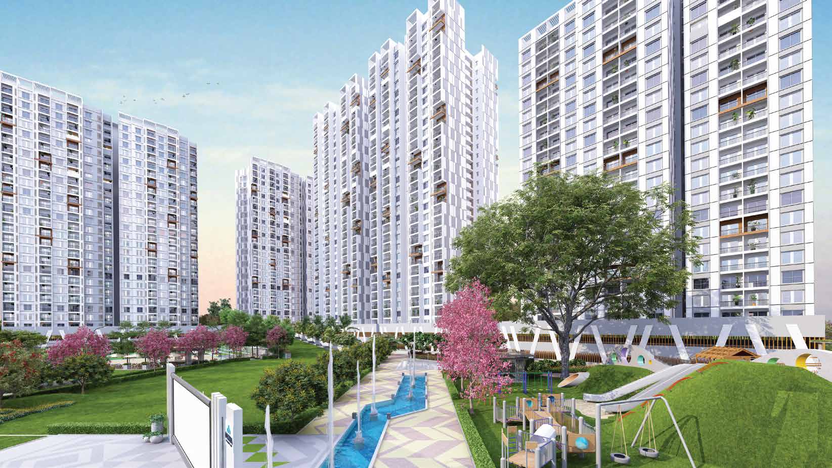 Evening elevation of Disha Pursuit of the Elements towers above landscaped podium gardens